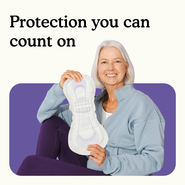 Woman holding a Because Ultimate Overnight bladder control pad product with text 'Protection you can count on' on a white background