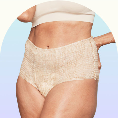 A woman wearing incontinence underwear.