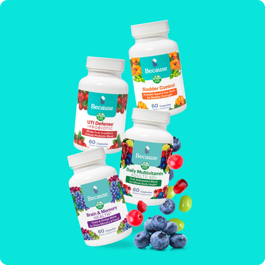 A graphic collage of 4 Because Market Supplements: Daily Bladder Control, UTI Defense, Daily Multivitamin, and Brain & Memory