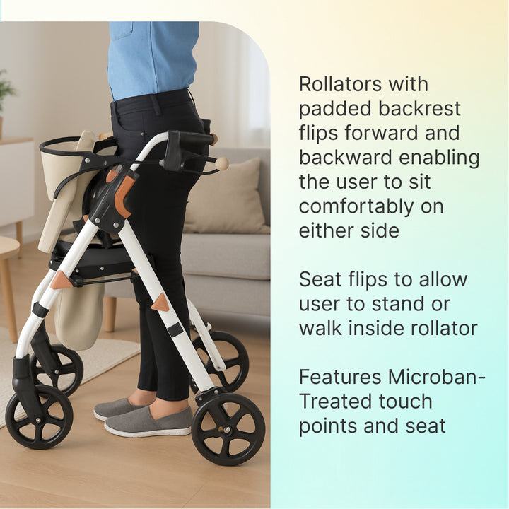 Person using White Aluminum Premium Folding Rollator Walker with text describing its features
