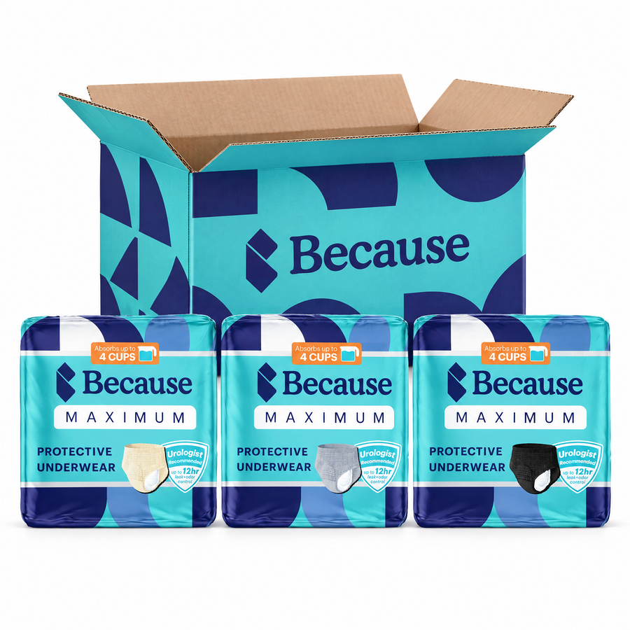 Because Maximum protective underwear in beige, gray and black bags, in front of a Because box.