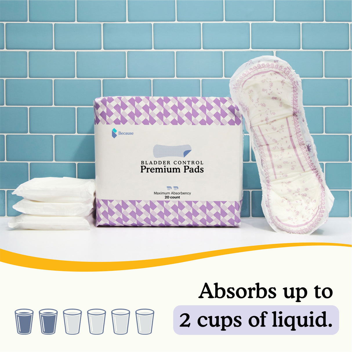 Premium maximum absorbency pads hold up to two cups of liquid