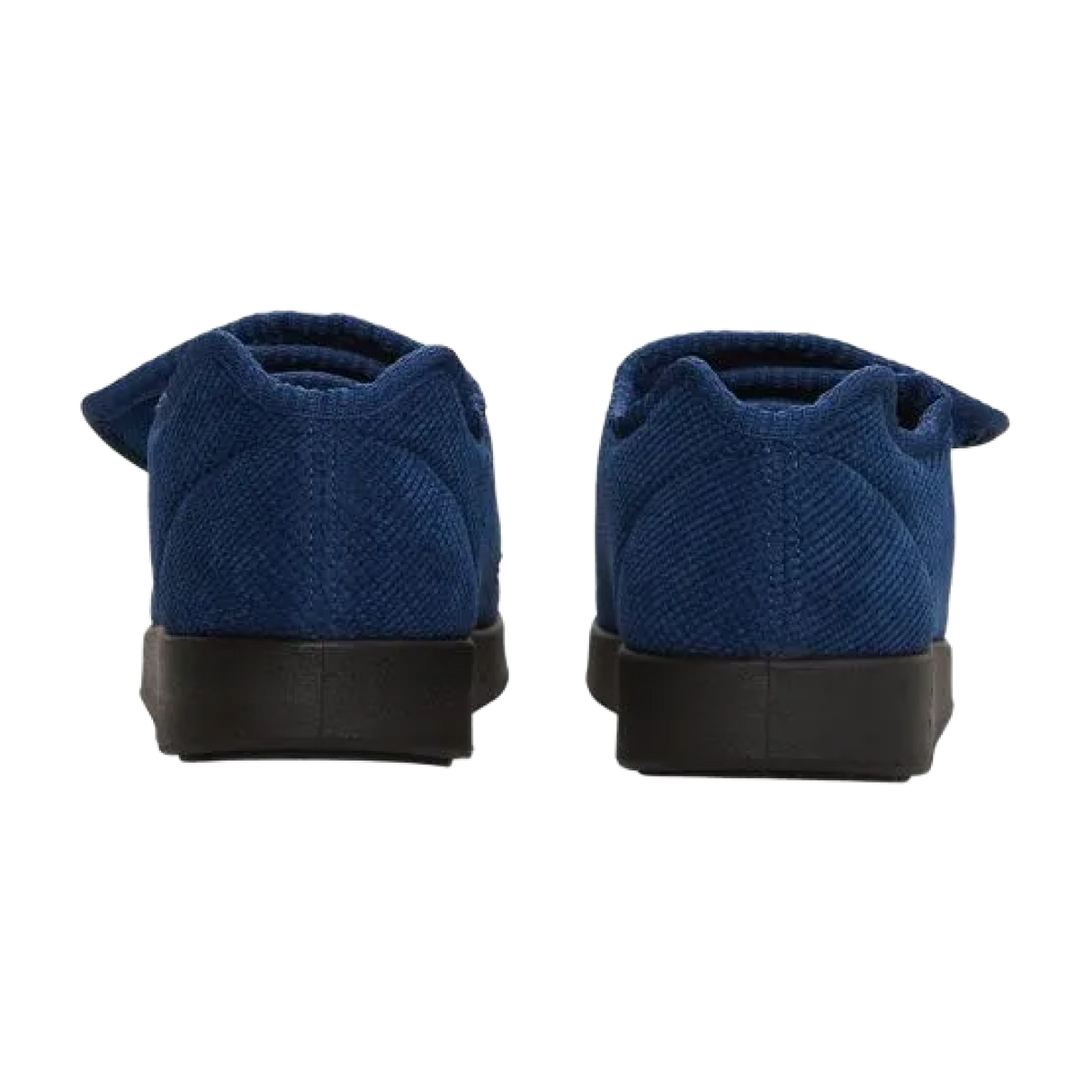 Back of navy blue slippers with black soles