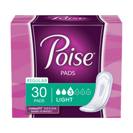 Poise Pads Packaging. 30 Regular Pads. Light.
