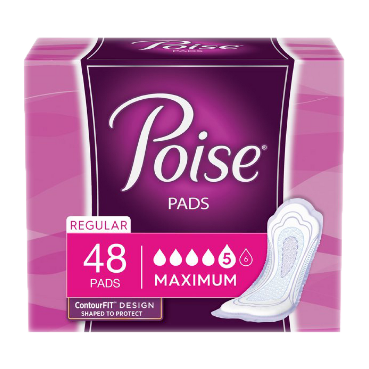 Poise Pads Packaging. 48 Regular Pads. Maximum.
