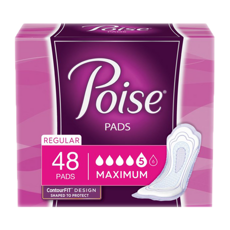 Poise Pads Packaging. 48 Regular Pads. Maximum.