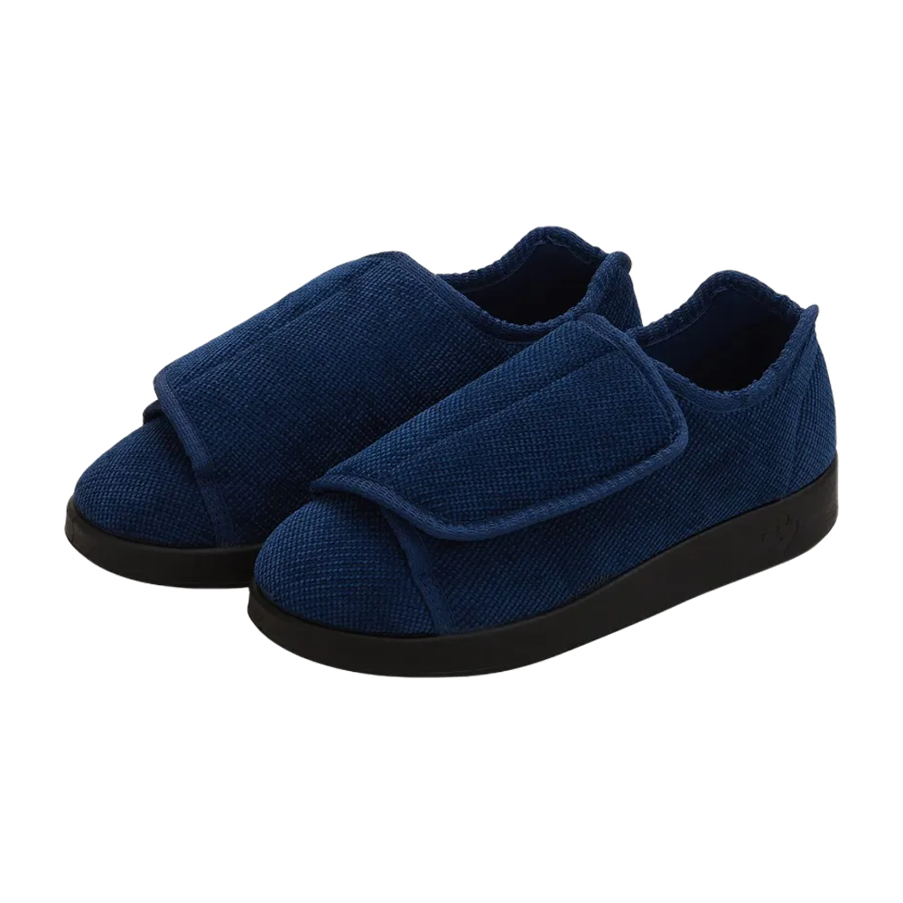Blue slippers with adjustable Easy Touch closure with black slip resistant soles