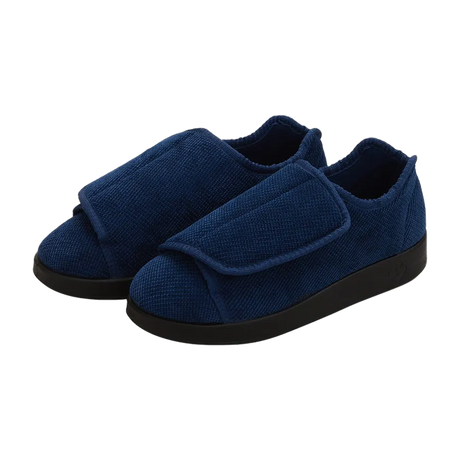 Blue slippers with adjustable Easy Touch closure with black slip resistant soles