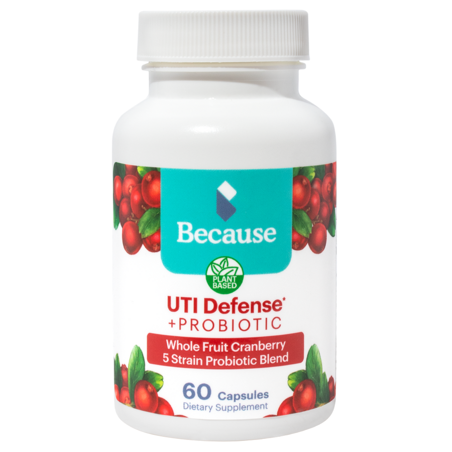 Because UTI defense and probiotic supplement bottle with cranberries on the label. 60 Capsules.