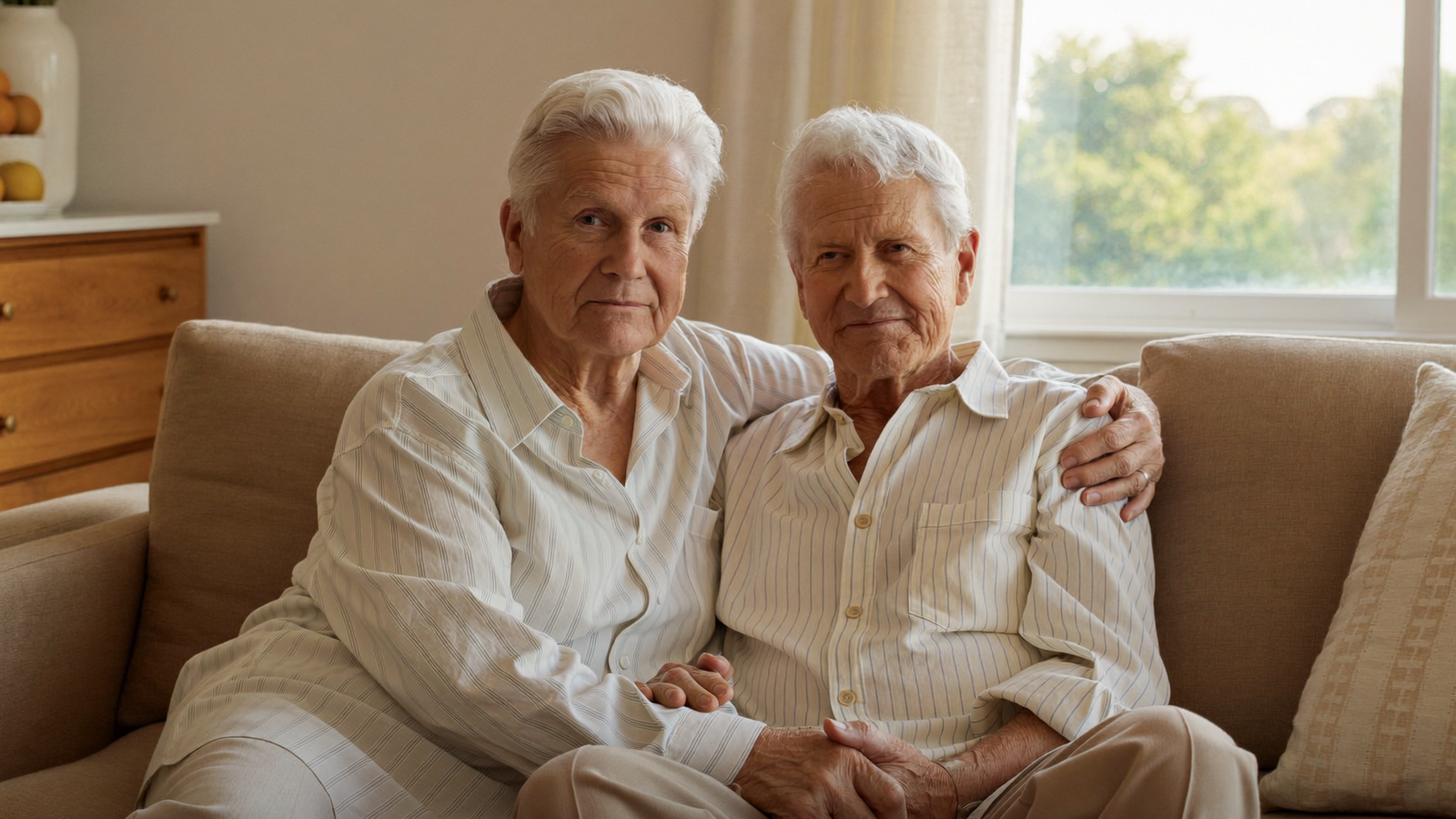 Two people sitting close together on a sofa and holding hands in warm window light.