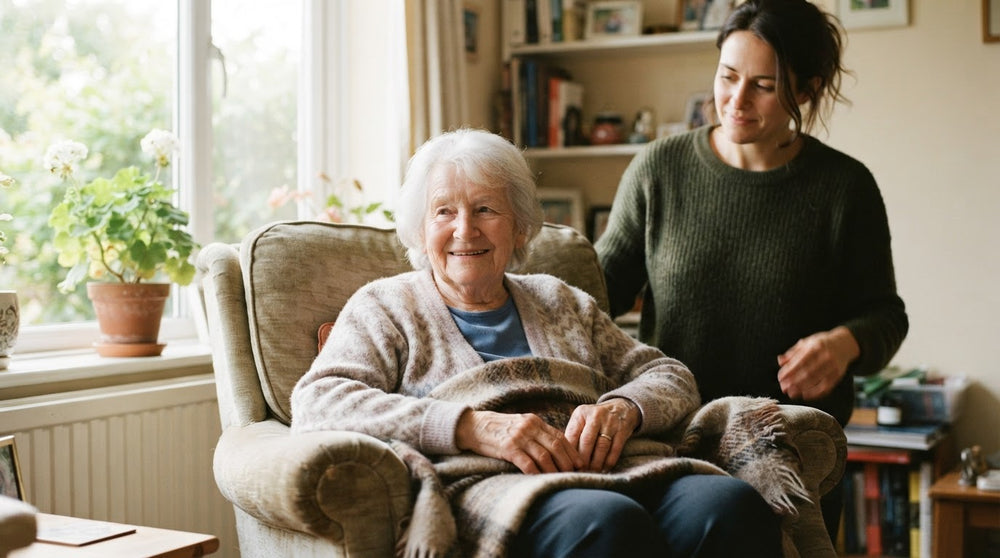 Smiling elderly woman resting in an armchair with a blanket on her lap as a caregiver stands nearby