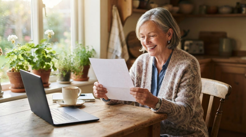 Smiling senior woman reading a letter at a sunny kitchen table beside a laptop and a cup of tea