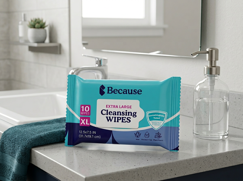 Pack of Because Extra Large Cleansing Wipes set on a bathroom sink counter with hand soap dispenser and towel beside