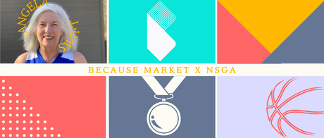 Angela Swift, the Because Market logo, a medal graphic, and a basketball graphic.