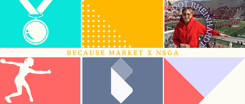 A medal and discus thrower graphics, Because Market logo, and an image of Dot Rheinhardt.