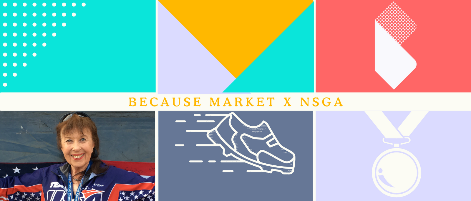 A graphical image with graphics of a medal and a running show, a Because Market logo, and a picture of Ellen Demsky.