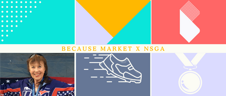 A graphical image with graphics of a medal and a running show, a Because Market logo, and a picture of Ellen Demsky.