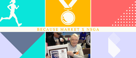 A graphical image with medal and runner graphics, a Because Market logo and a picture of Eleanor Pendergraft.