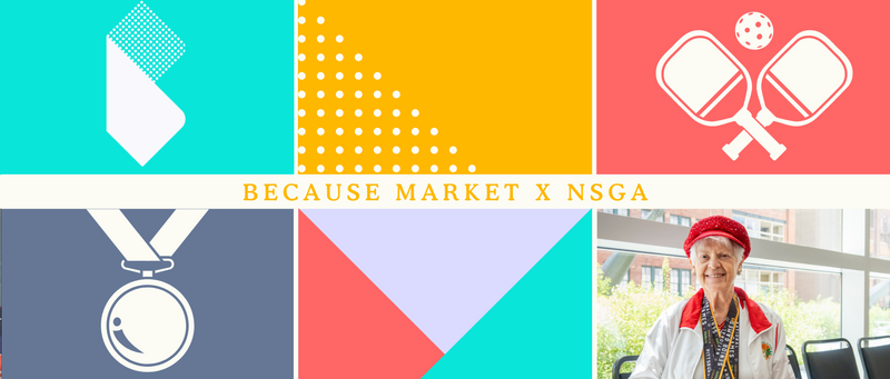 A graphic that has a medal and pickleball graphic, Because Market logo, and picture of Joyce Jones.