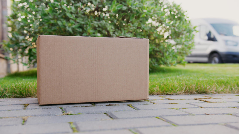 Plain brown cardboard delivery box set on ground pavers with grass, small bush, and delivery vehicle in the background.