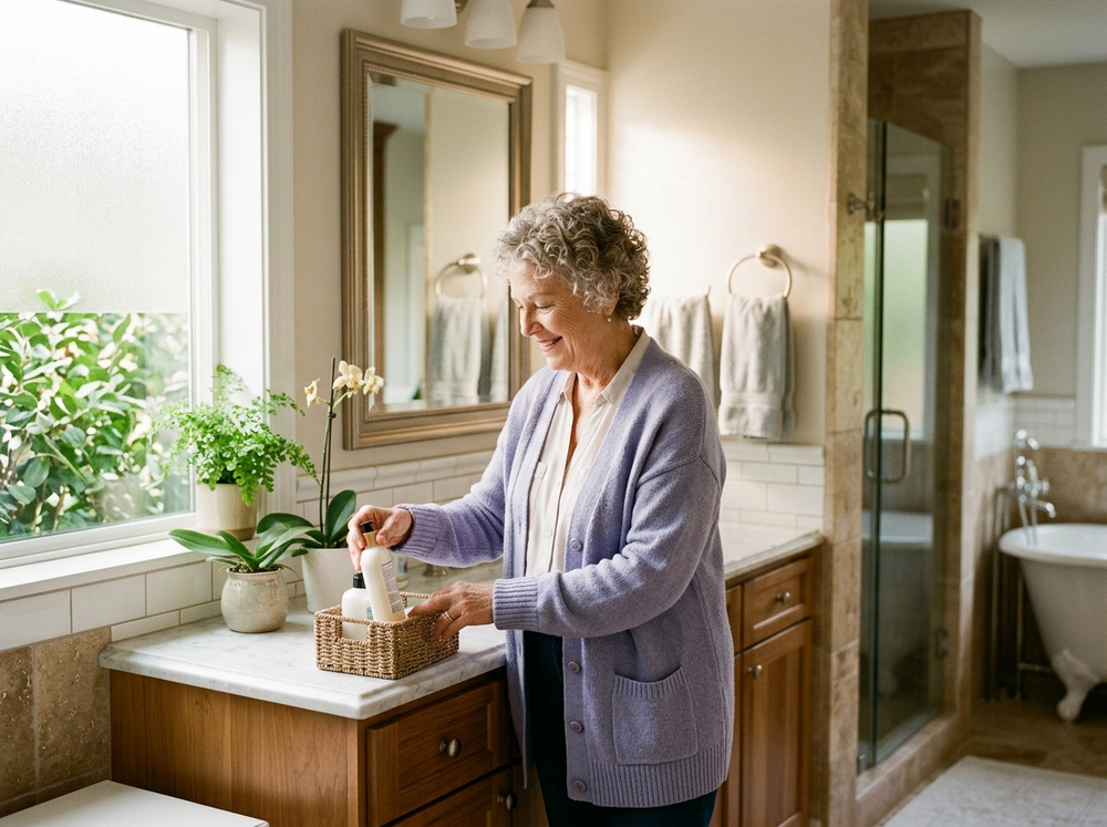 Senior adult woman wearing dark pants, white shirt, and lilac sweater standing in bathroom picking up lotion from a square wicker basket placed on the counter