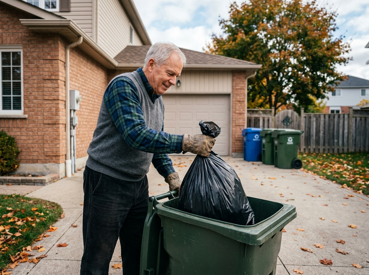 Senior adult male disposing of trash in outdoor bin in driveway with home and other trash bins shown in background