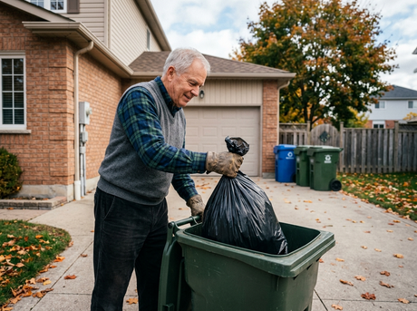 Senior adult male disposing of trash in outdoor bin in driveway with home and other trash bins shown in background