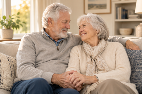Two people sitting close together on a sofa and holding hands in warm window light.