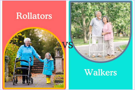 A graphic with one side showing a woman using a rollator in a park and the other showing a man using a walker on a street.