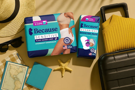 Packages of Because Sensitive Underwear and Overnight Booster Pads surrounded by suitcase, yellow shirt, sunhat and sunglasses, notebook, mini map, and starfish on yellow background