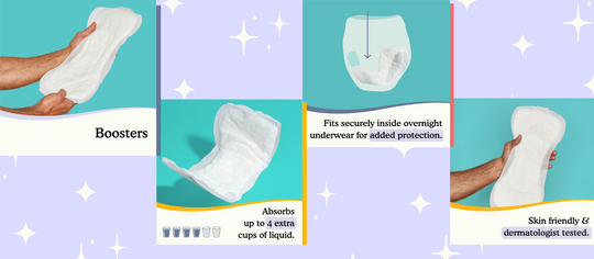 Product images of Because Booster Pads with information on how they work.