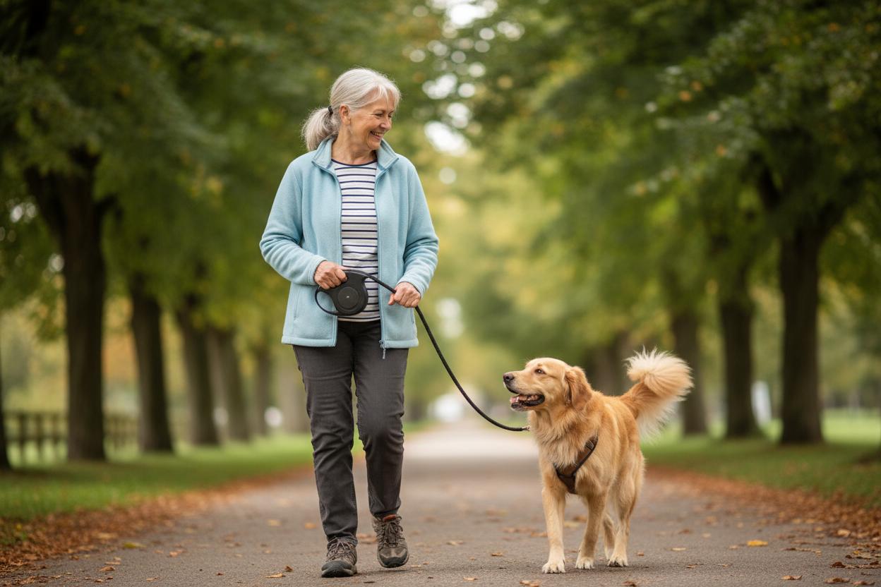 “Active older woman walking her dog on a tree-lined street, smiling.”