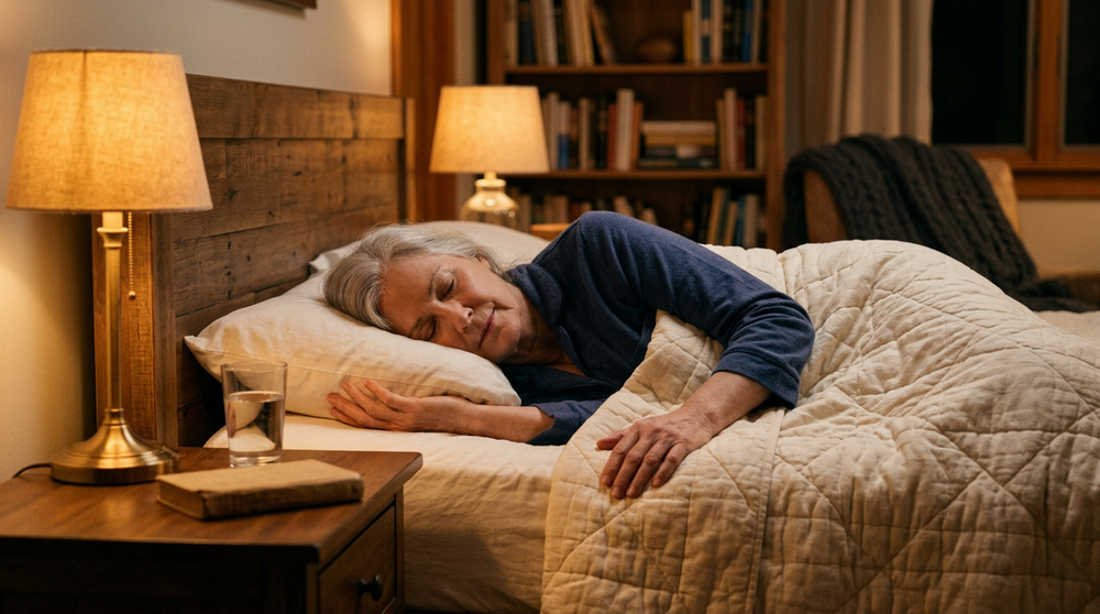 Senior woman sleeping peacefully on her side in a cozy bedroom at night, warm bedside lamps and a glass of water nearby