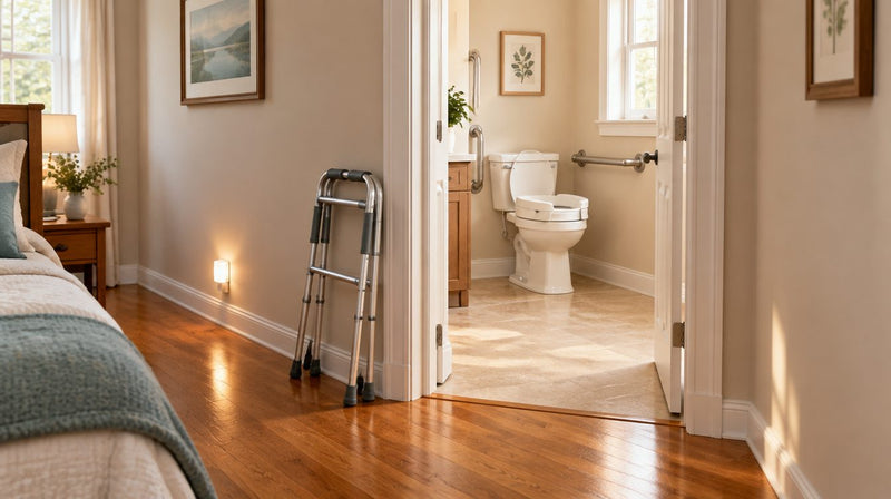 Clear hallway from a bedroom to a bathroom with a raised toilet seat, grab bars, a night light, and a walker by the door