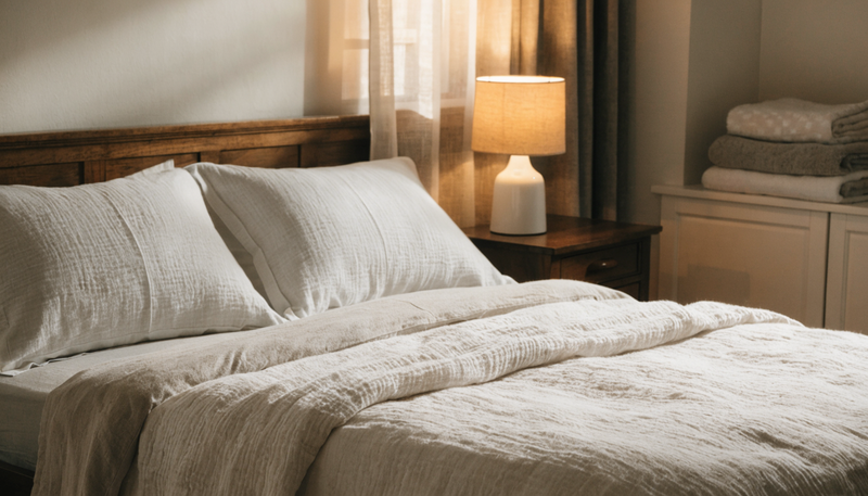 A bed protector placed smoothly across clean bedding for nighttime backup protection.