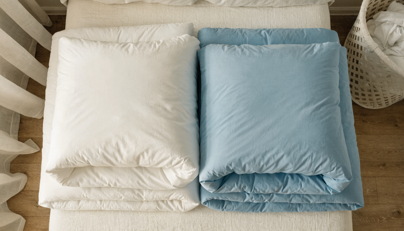 Disposable bed protectors layered neatly on a bed with clean bedding.