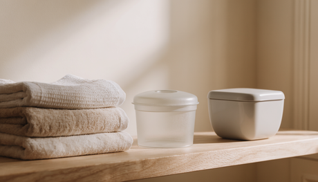 Folded towels and lidded care containers on a wooden bathroom shelf