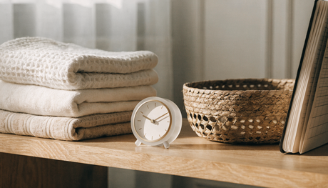 A neat stack of absorbent underwear and pads arranged on a bathroom shelf.