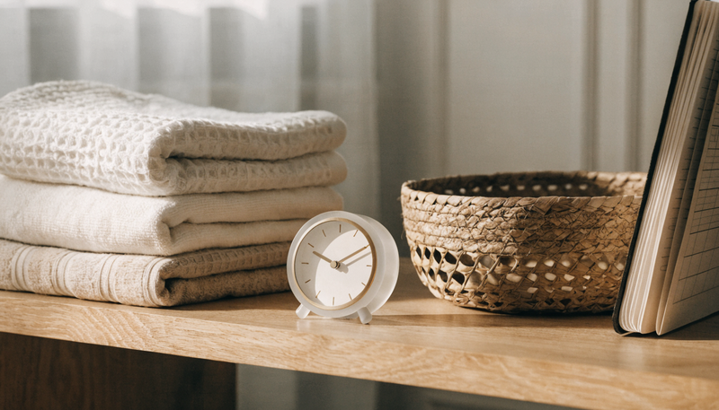 A neat stack of absorbent underwear and pads arranged on a bathroom shelf.