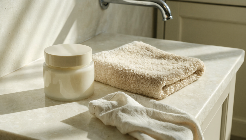 A tube of barrier cream beside folded incontinence care supplies on a clean surface.