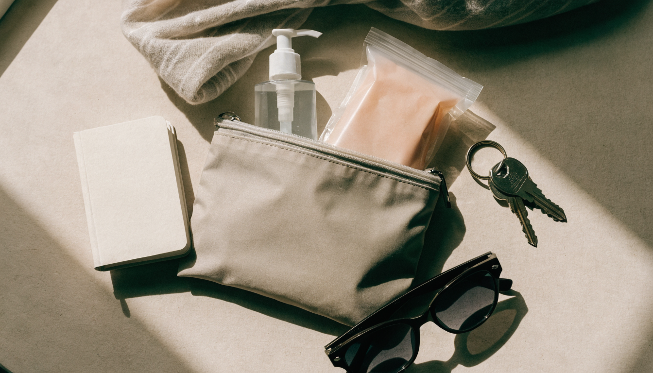 A small zip pouch organized with discreet incontinence supplies for travel and errands.