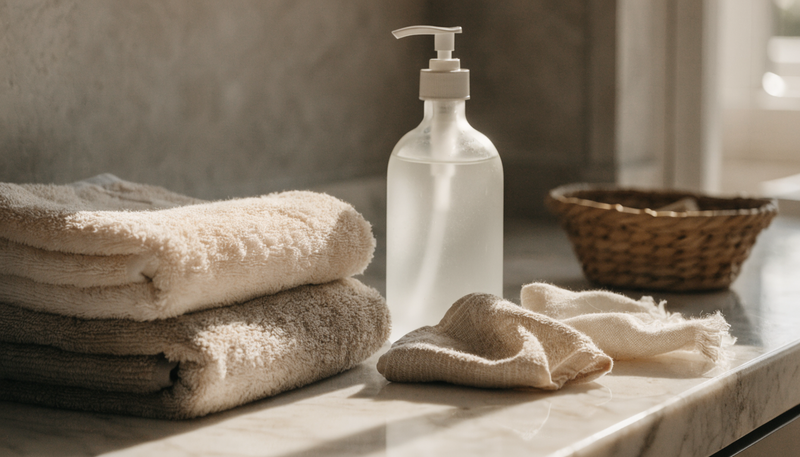 A bottle of no-rinse cleansing spray and soft wipes arranged on a bathroom counter.