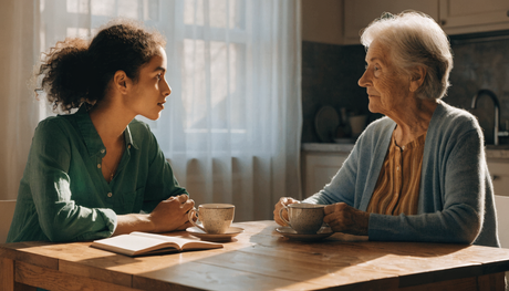 Two people sitting together at a kitchen table during a private, supportive conversation.