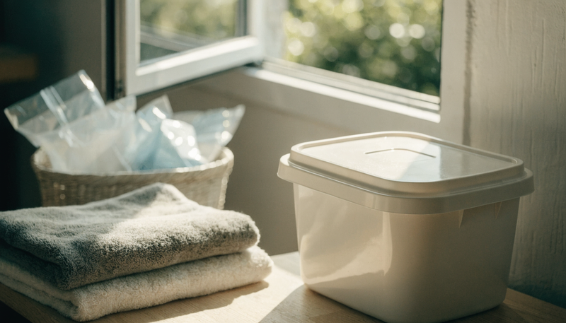 Disposal bags and personal care supplies organized beside a covered bathroom bin.