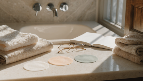 Bathroom counter with folded towels, eyeglasses, and small round white care items