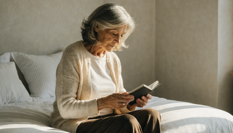 Woman sitting on a bed and reading in soft morning light
