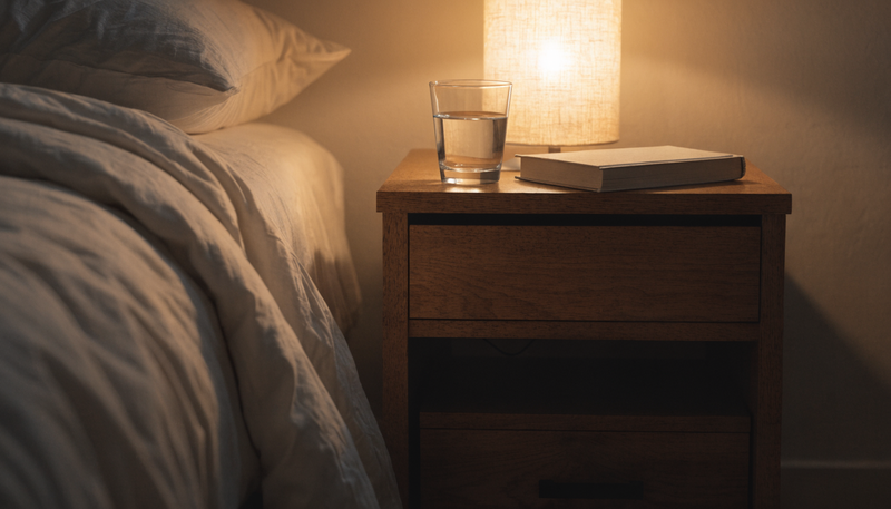Bedside table with a water glass and book beside a warmly lit bed