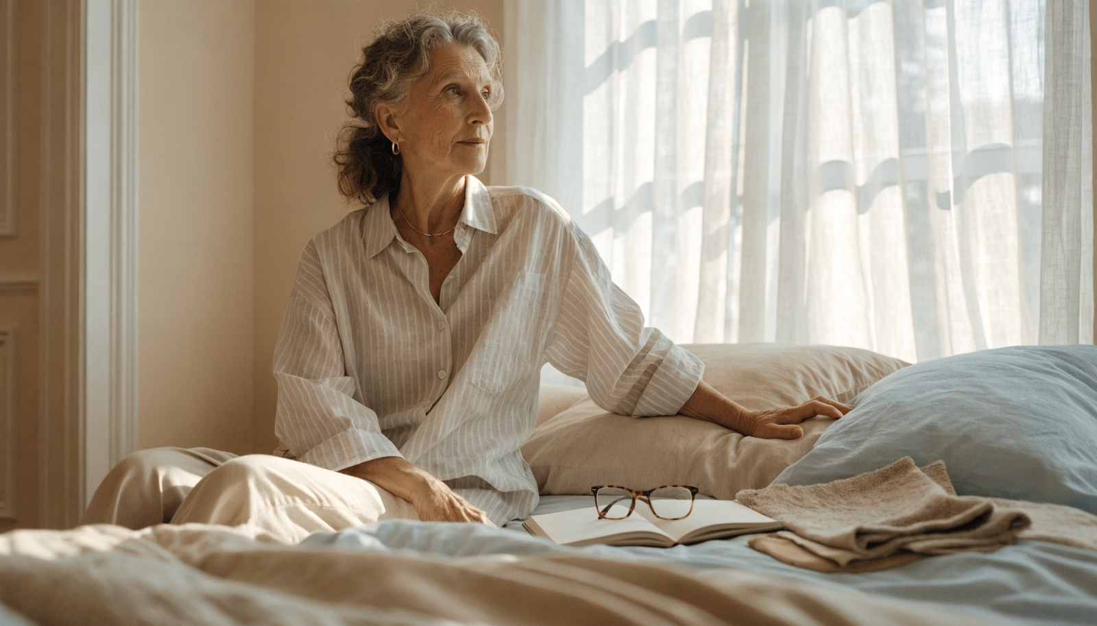 Woman reviewing a fit checklist beside folded fabric in a calm bedroom.