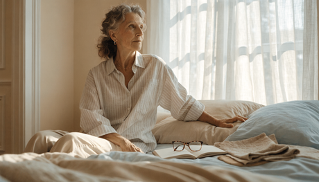 Woman reviewing a fit checklist beside folded fabric in a calm bedroom.