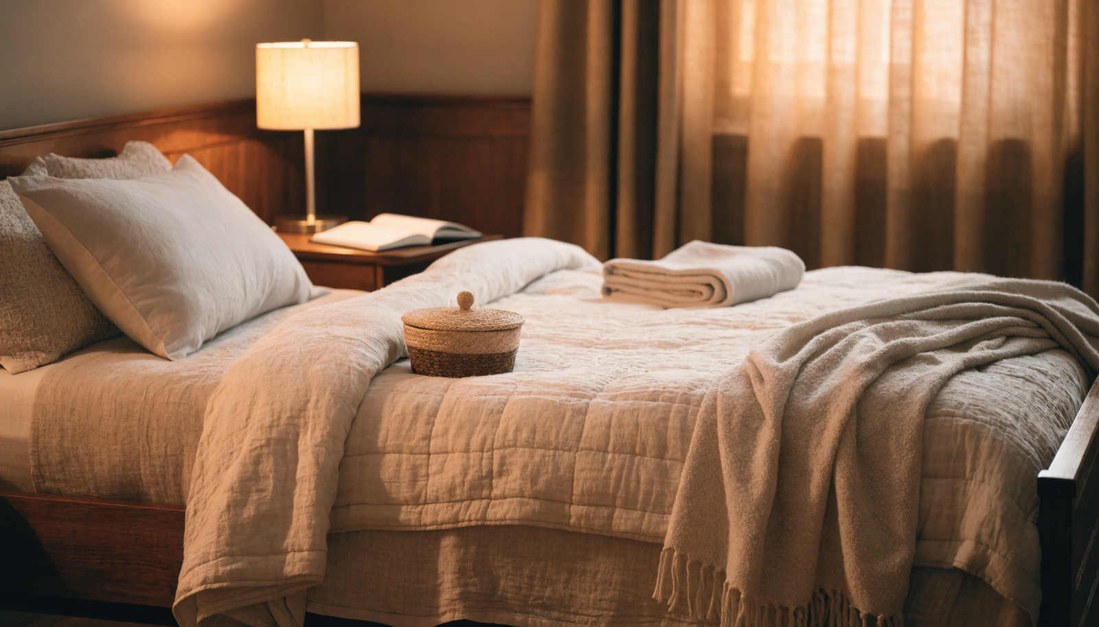 Neutral bedroom scene with folded bedding and a storage basket for overnight leak planning.